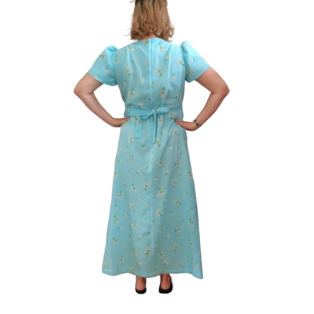 VTG Prairie Maxi‎ Dress Floral Flocked Blue Lace Puff Sleeve 1970s Coquette Sz L